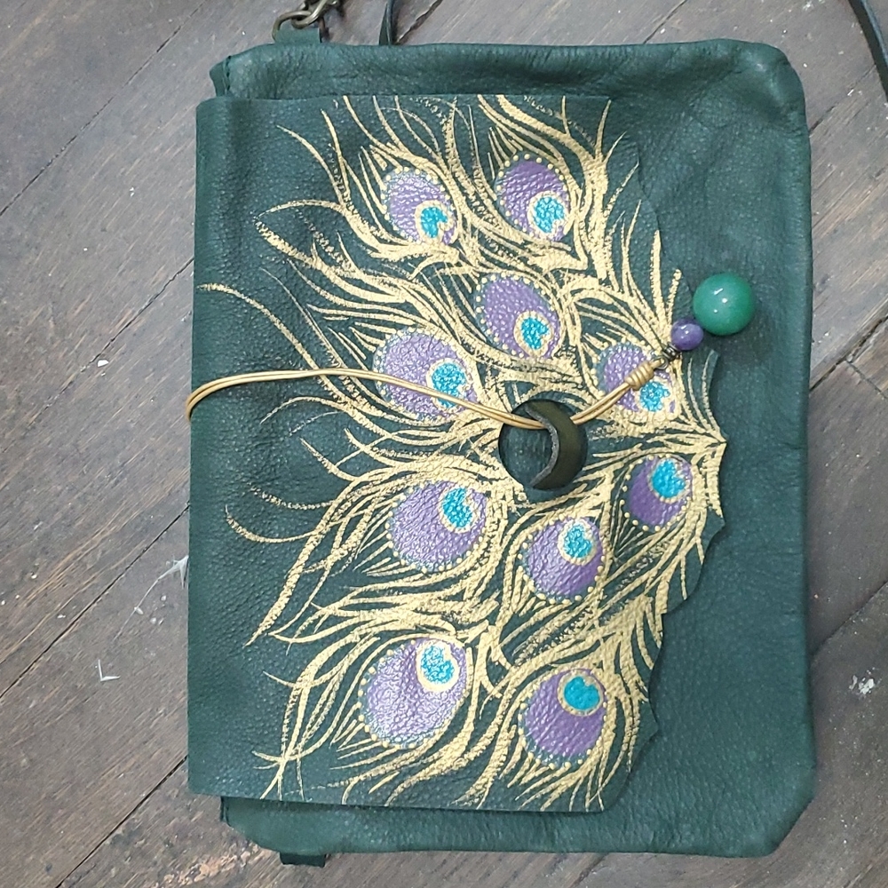 Hand painted leather peacock purse